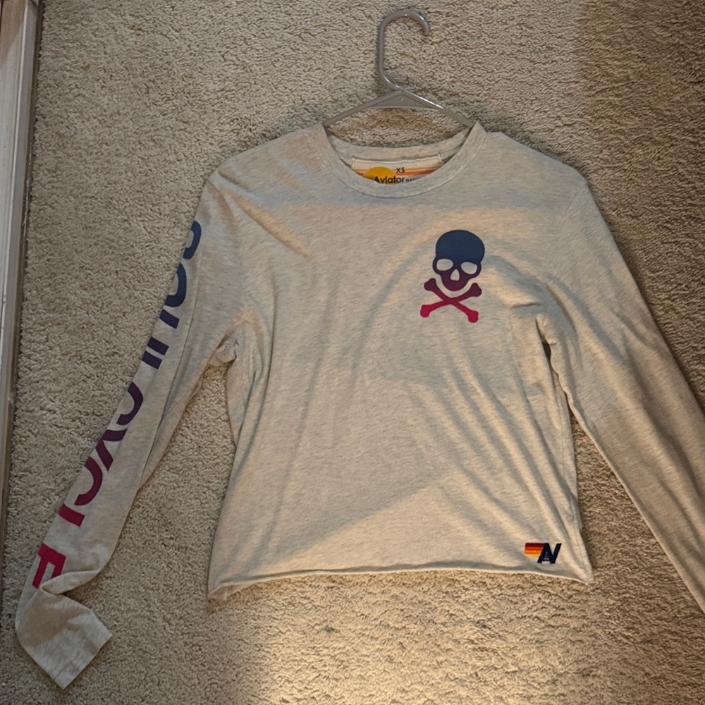 Aviator Nation Gray Long Sleeve Tee with Skull Design